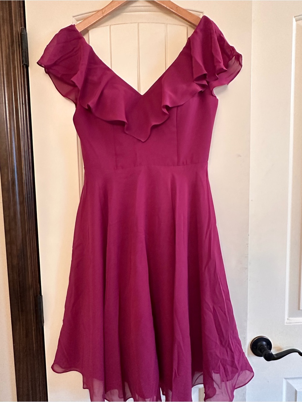 JJs House Magenta Ruffle V-Neck Fit & Flare Midi Dress